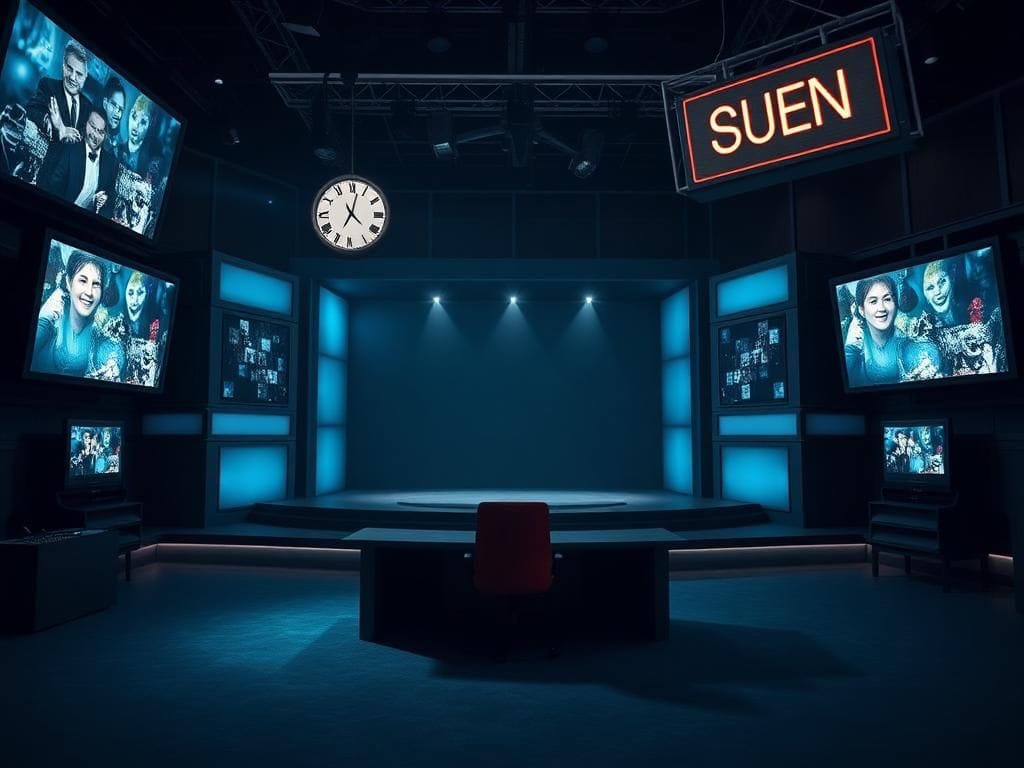 Flick International Dimly lit television studio set featuring an empty desk and chair with fading images in the background