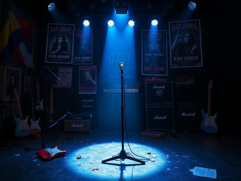 Flick International Dimly lit stage with an empty microphone stand and vintage rock memorabilia, evoking nostalgia for Ozzy Osbourne's career.