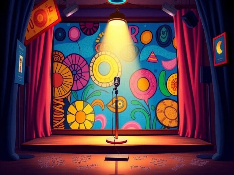 Flick International Vibrant stage set for a comedy show with a microphone and colorful mural