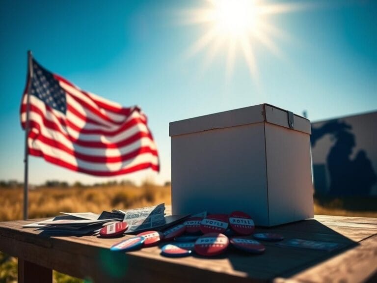 Flick International Grand American flag billowing against a blue sky with a weathered ballot box in the foreground