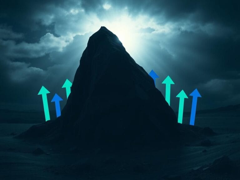 Flick International Dimly lit abstract landscape with a large jagged rock symbolizing struggle, surrounded by vibrant upward arrows representing hope and potential growth.