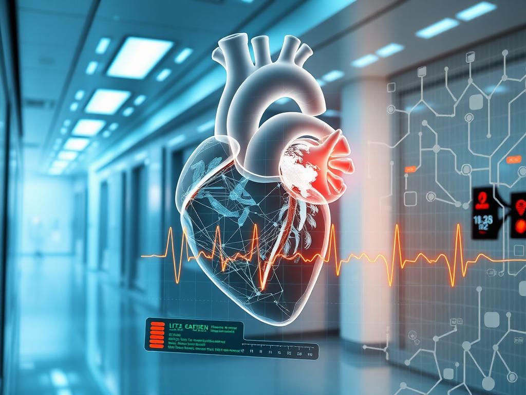 Flick International High-tech hospital environment with abstract heart anatomy and glowing ECG monitor