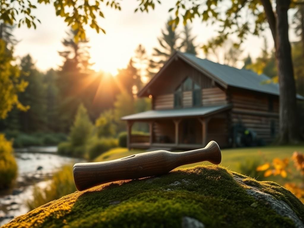 Flick International Rustic wooden cabin surrounded by lush greenery and tall trees