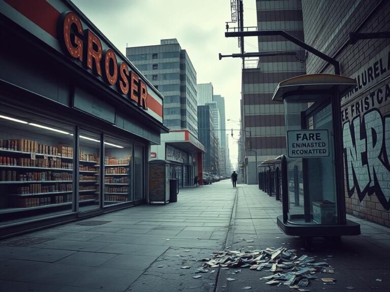 Flick International A neglected city-run grocery store with empty aisles and faded signage showcasing economic decline