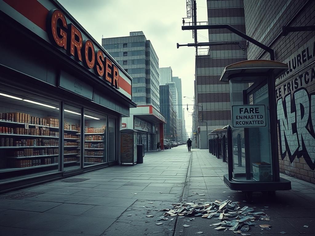 Flick International A neglected city-run grocery store with empty aisles and faded signage showcasing economic decline