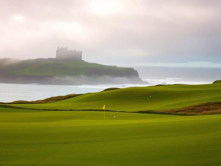 Flick International Serene landscape of Turnberry golf course with lush green hills and coastline under cloudy sky