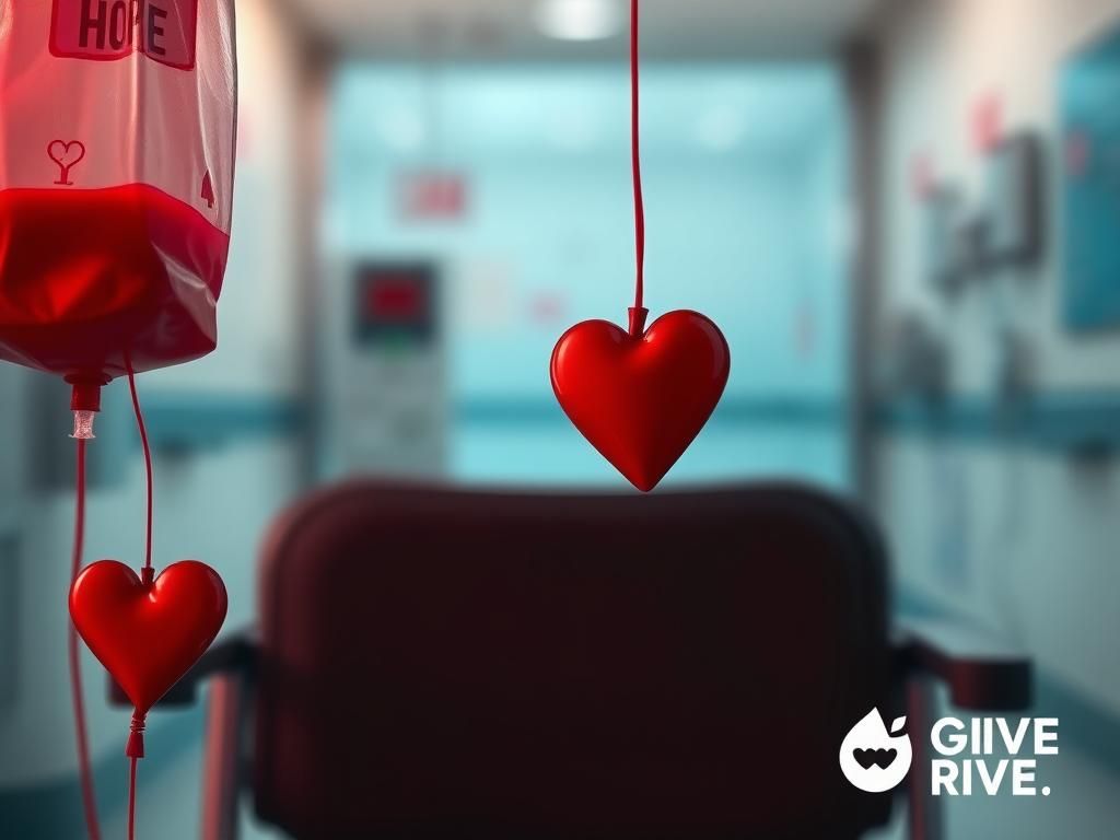 Flick International Close-up of a blood donation bag swaying in a medical setting with a heart-shaped decoration representing hope
