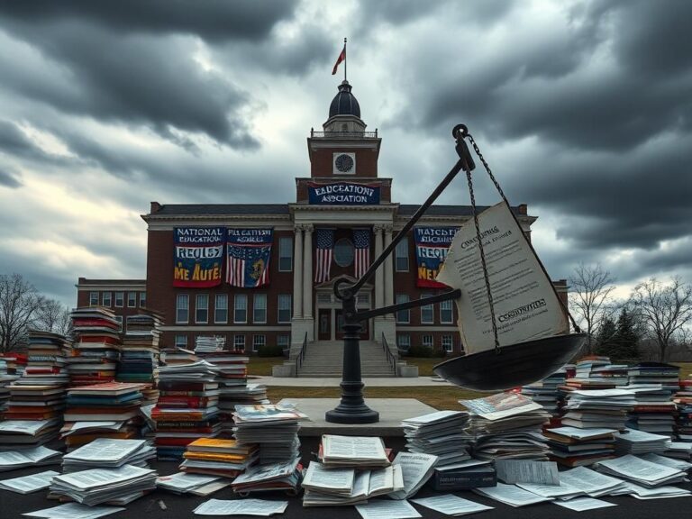 Flick International A large, imposing school building surrounded by educational materials and political banners, symbolizing the influence of the National Education Association.