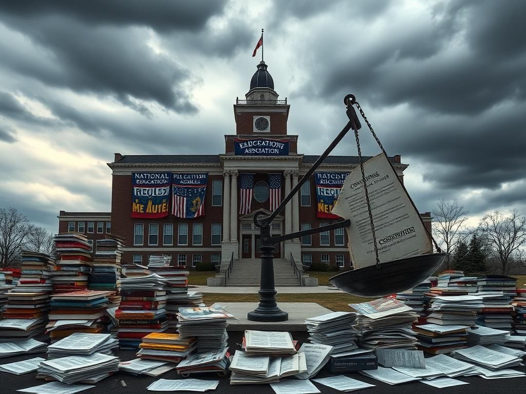 Flick International A large, imposing school building surrounded by educational materials and political banners, symbolizing the influence of the National Education Association.