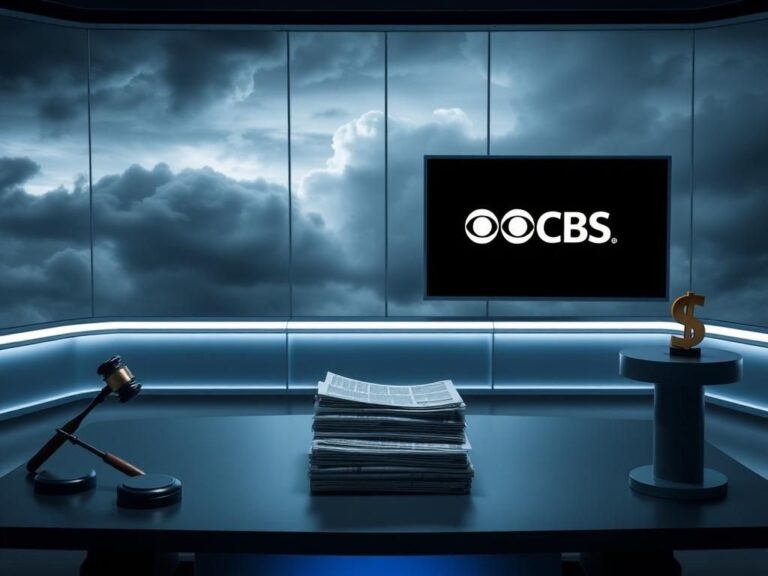 Flick International A somber newsroom setting with a modern desk and CBS News logo on a glowing screen