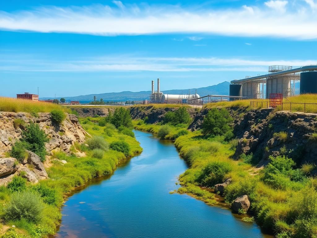 Flick International A serene landscape of the Tijuana River Valley with blue skies and lush greenery contrasting with polluted river sections.