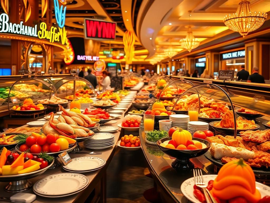 Flick International A vibrant buffet scene in Las Vegas with colorful food stations and elegant displays.