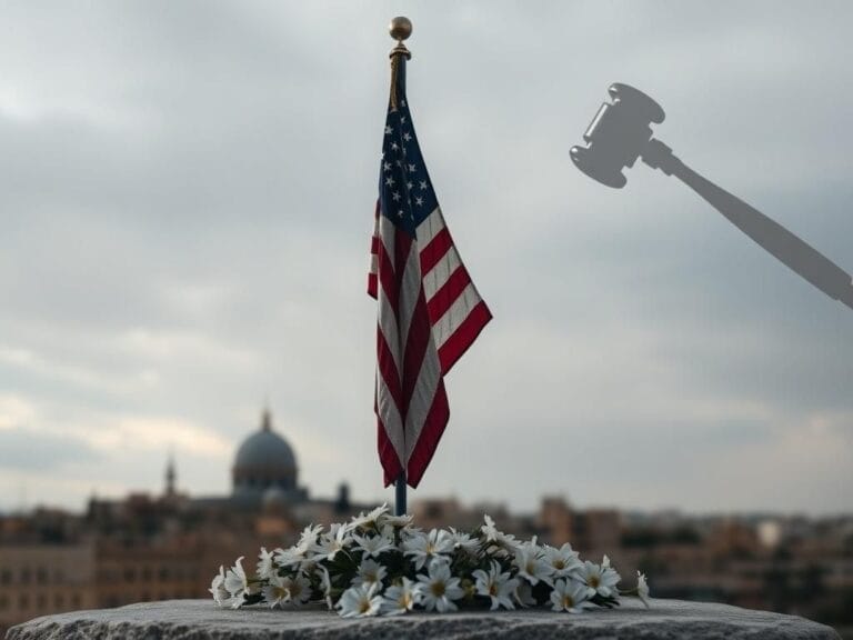 Flick International Weathered American flag half-mast symbolizing loss in front of a blurred Sbarro pizzeria in Jerusalem