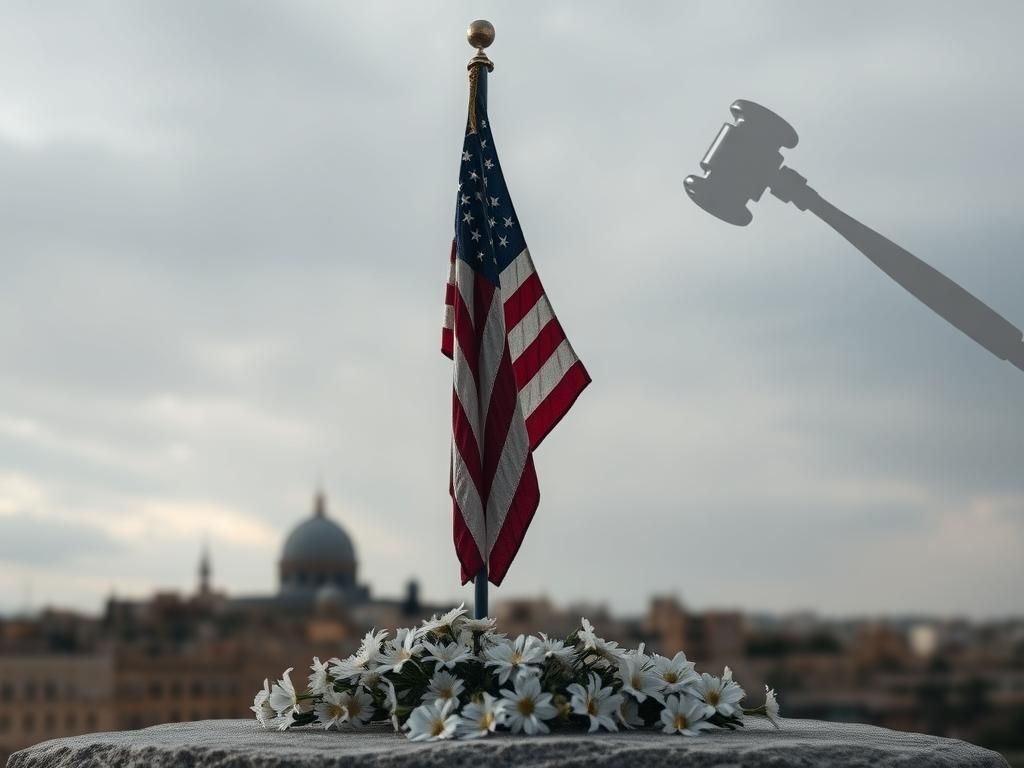 Flick International Weathered American flag half-mast symbolizing loss in front of a blurred Sbarro pizzeria in Jerusalem