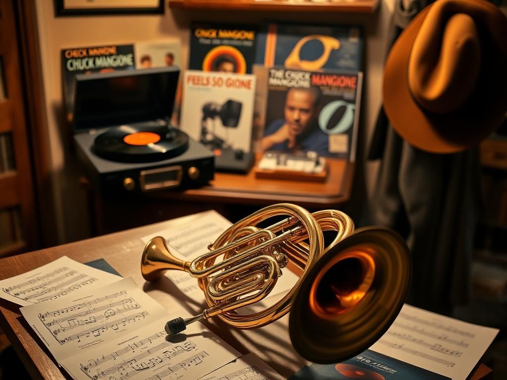 Flick International A shiny flügelhorn on a wooden music stand surrounded by jazz memorabilia