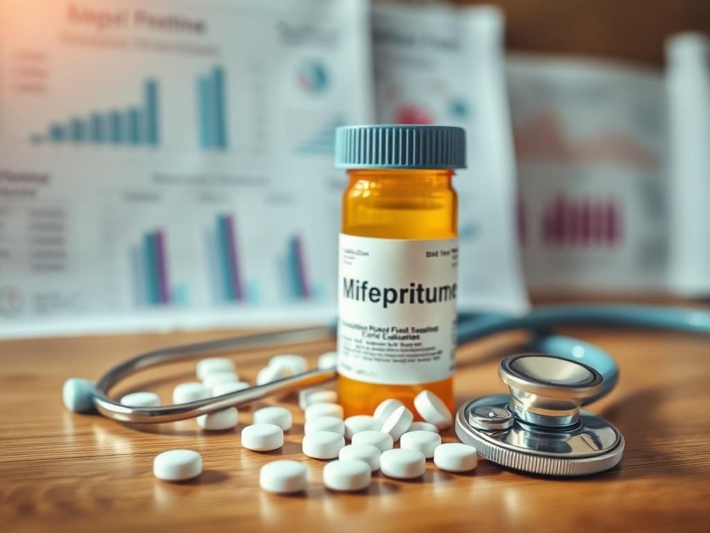 Flick International Close-up view of a prescription bottle labeled 'Mifepristone' on a wooden table with scattered pills.