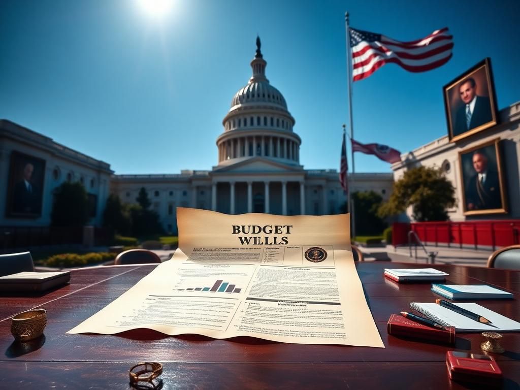 Flick International Grand Capitol building under a clear blue sky with a large scroll representing a new budget reconciliation bill.