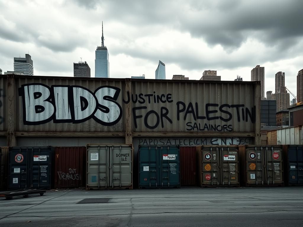 Flick International Urban landscape with graffiti reading 'BDS' and 'Justice for Palestine' against a gray NYC skyline