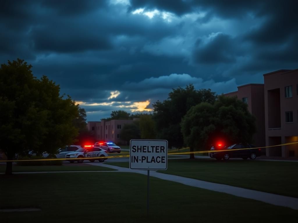 Flick International Somber scene of the University of New Mexico campus with police presence after shooting incident