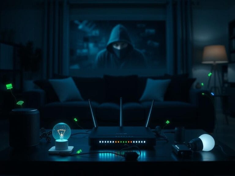 Flick International Dark living room showcasing a home Wi-Fi setup with smart devices and a looming hacker silhouette in the background