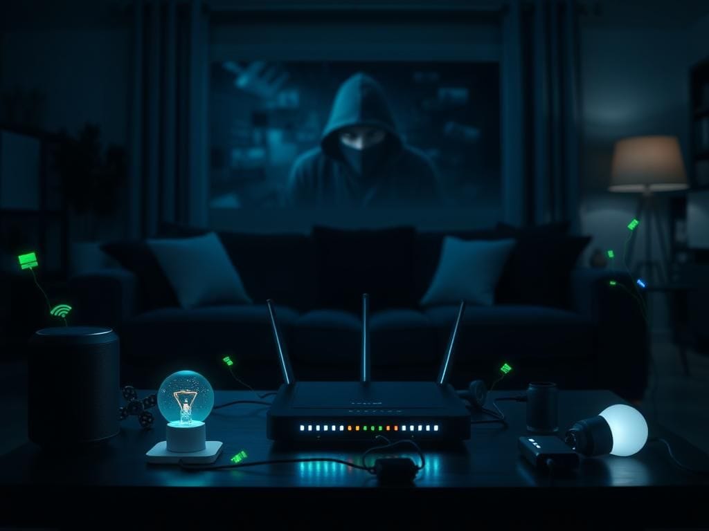 Flick International Dark living room showcasing a home Wi-Fi setup with smart devices and a looming hacker silhouette in the background
