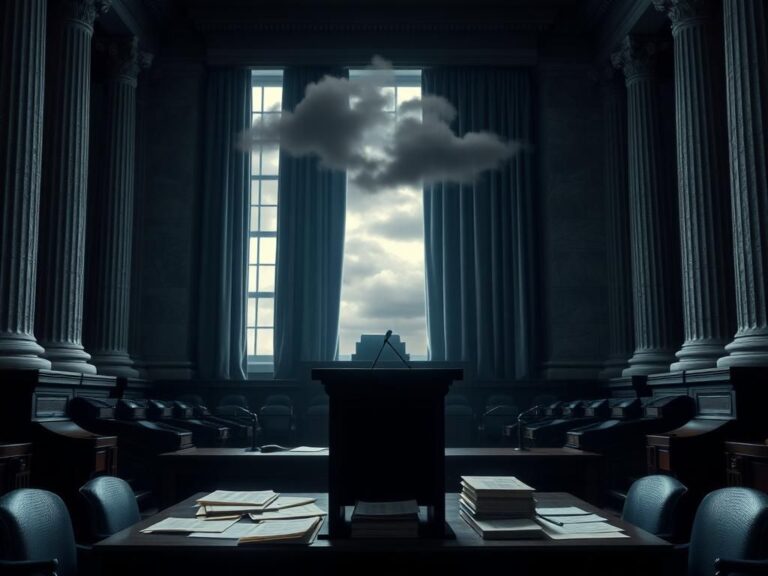 Flick International Dramatic depiction of a Senate chamber representing political discourse with documents on a desk