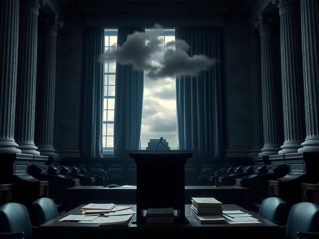 Flick International Dramatic depiction of a Senate chamber representing political discourse with documents on a desk