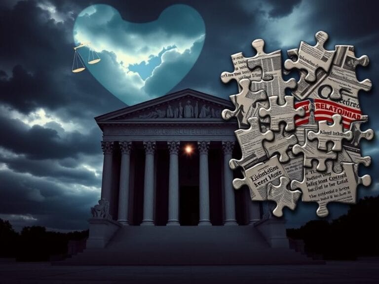 Flick International Divided Supreme Court building with storm clouds and symbolic representations of immunity and political conflict