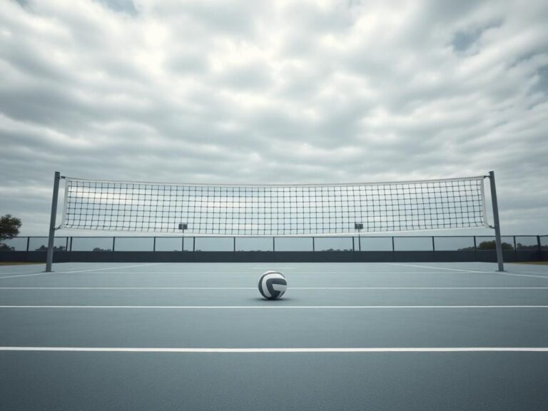 Flick International Empty volleyball court under a cloudy sky symbolizing division in women's sports