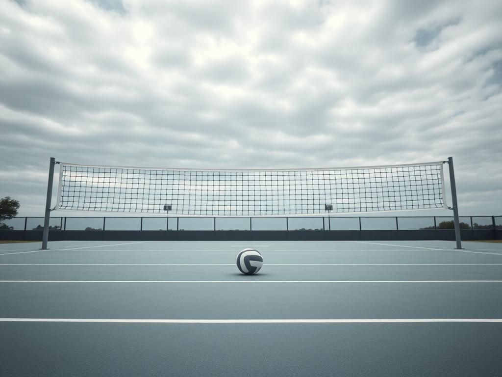 Flick International Empty volleyball court under a cloudy sky symbolizing division in women's sports