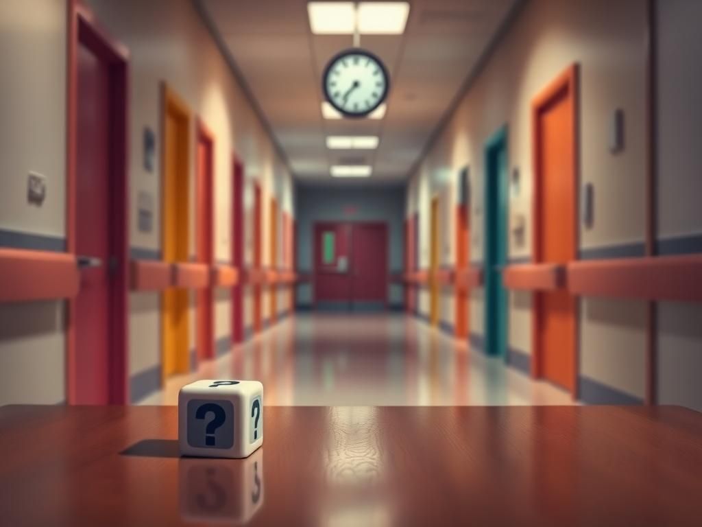Flick International Serene hospital hallway with colorful unoccupied examination rooms and a toy block symbolizing childhood