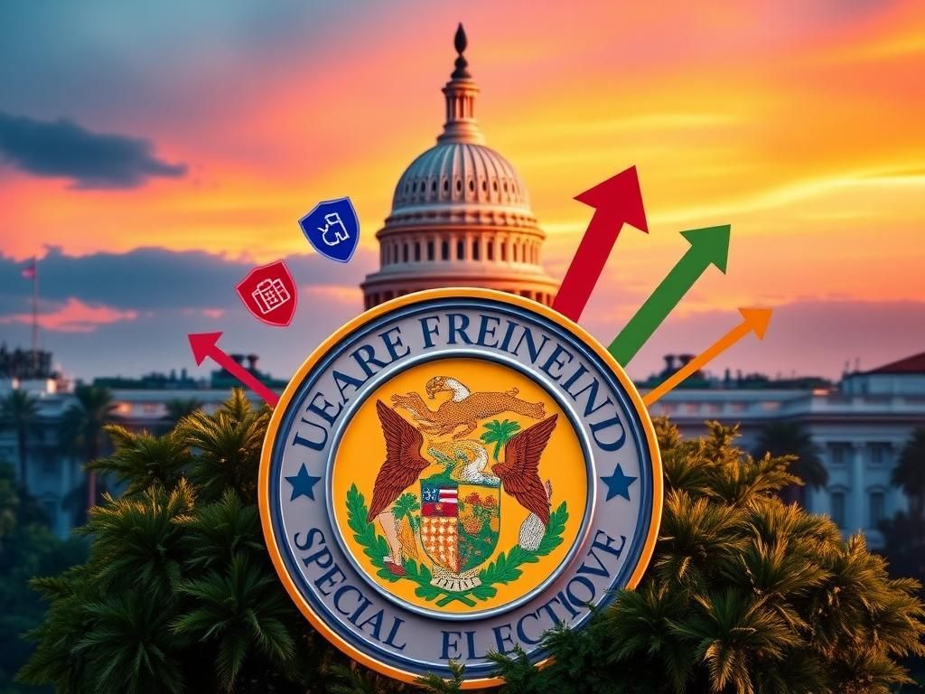 Flick International Dynamic digital artwork representing political endorsement with Florida's state seal and U.S. Capitol skyline