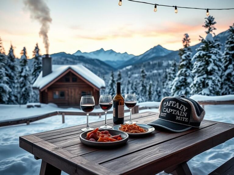 Flick International Cozy winter cabin in a snowy forest with a rustic table set for two