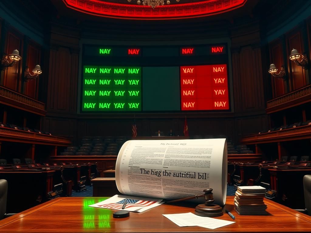 Flick International Dramatic legislative chamber with voting board displaying 'NAY' and 'YAY' votes