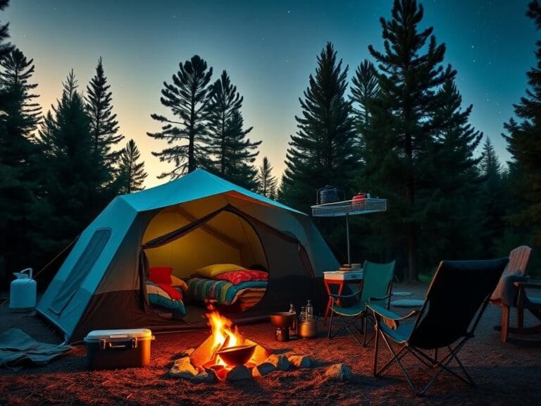 Flick International A serene camping scene at twilight with a multi-room tent and cooking gear surrounded by pine trees