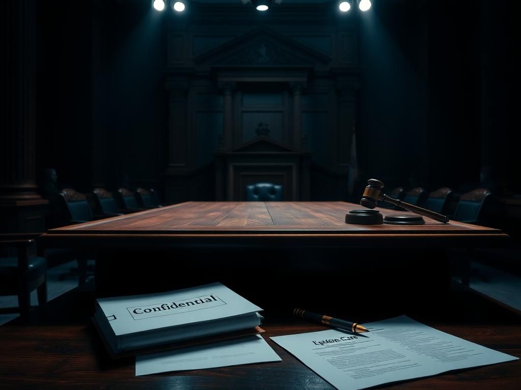 Flick International Dimly-lit courtroom setting highlighting legal proceedings with a gavel, documents, and a confidential file related to Epstein case