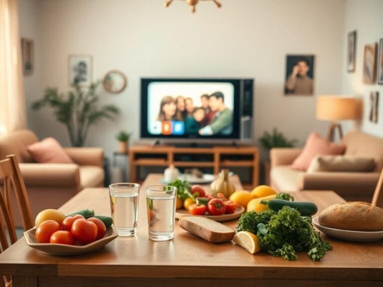 Flick International A nostalgic living room scene reminiscent of the late 1980s, featuring a wooden dining table with healthy foods.