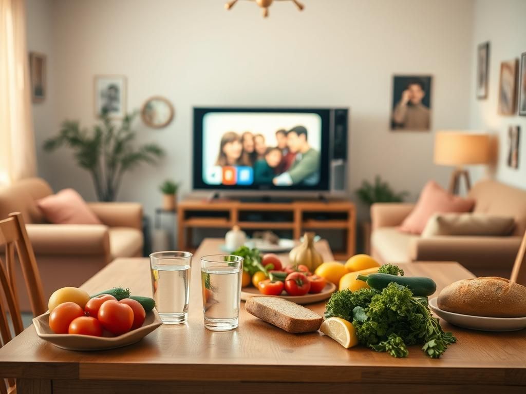 Flick International A nostalgic living room scene reminiscent of the late 1980s, featuring a wooden dining table with healthy foods.