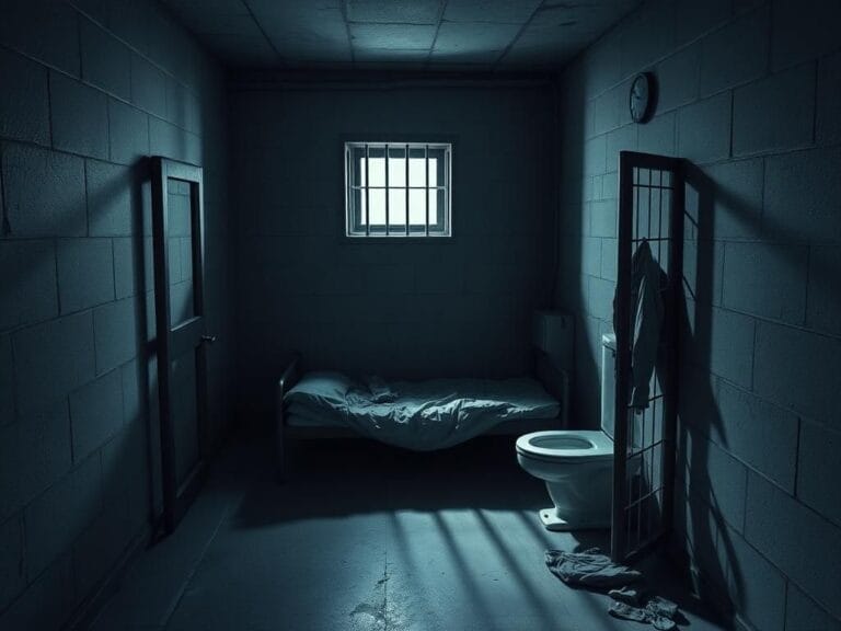 Flick International Dimly lit maximum security prison cell with gray concrete walls and steel door