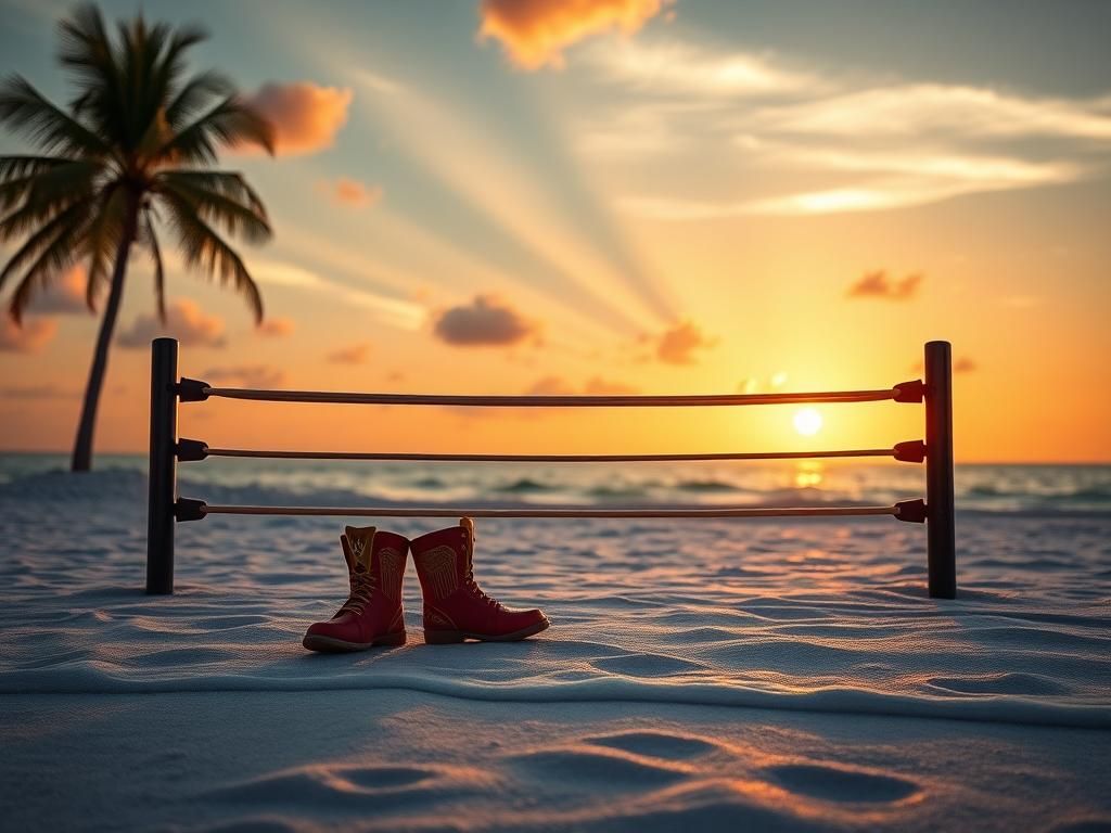 Flick International sunset over a serene Clearwater beach with an empty wrestling ring and Hulk Hogan's red and yellow boots