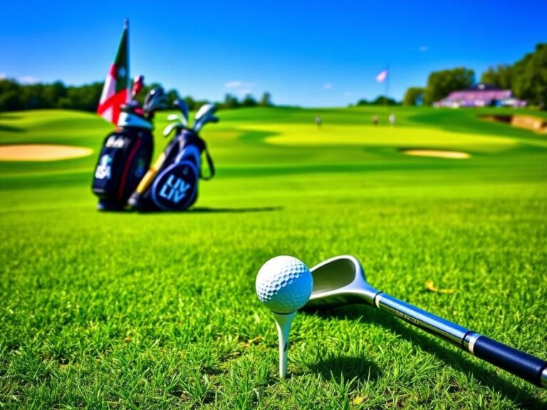 Flick International A golf course scene featuring golf clubs and a golf ball on a tee, with USA and LIV Golf bags in the background.