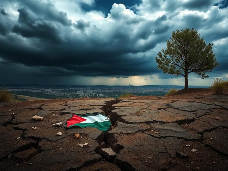 Flick International A dramatic landscape representing the conflict over Palestine recognition, featuring cracked earth and torn flags.