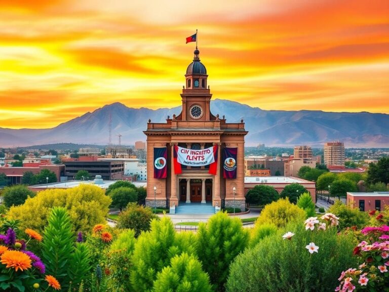 Flick International Vibrant cityscape of Albuquerque, New Mexico with Sandia Mountains and symbols representing immigrant culture.