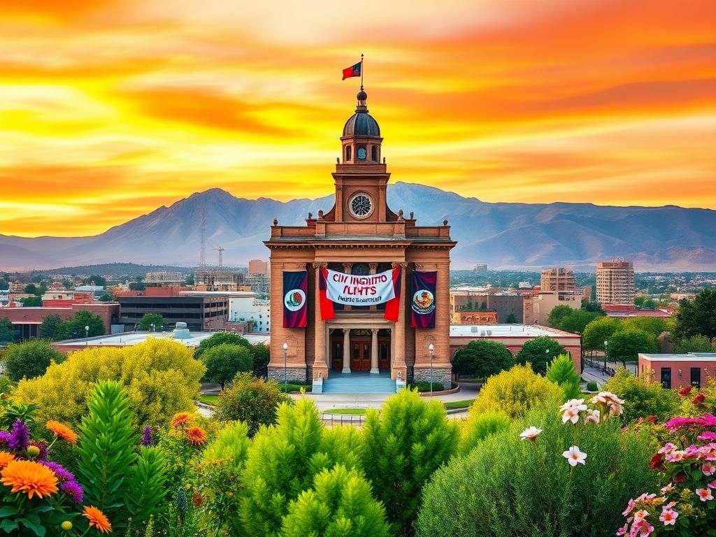 Flick International Vibrant cityscape of Albuquerque, New Mexico with Sandia Mountains and symbols representing immigrant culture.