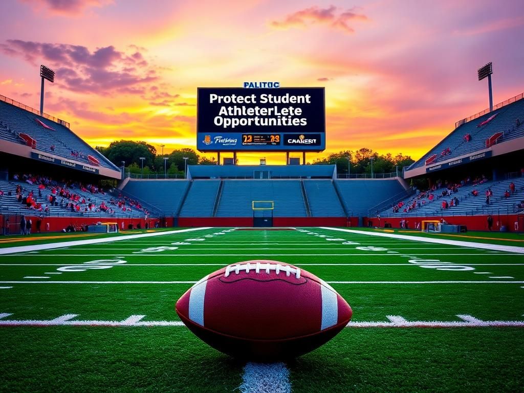 Flick International Vibrant college football stadium at dusk with empty bleachers and school banners
