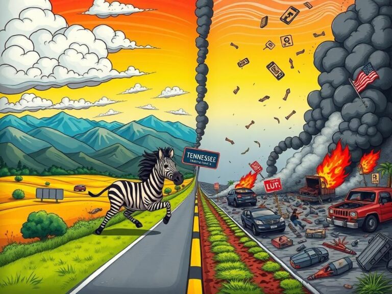 Flick International A whimsical cartoon depiction of a zebra escaping on a Tennessee highway