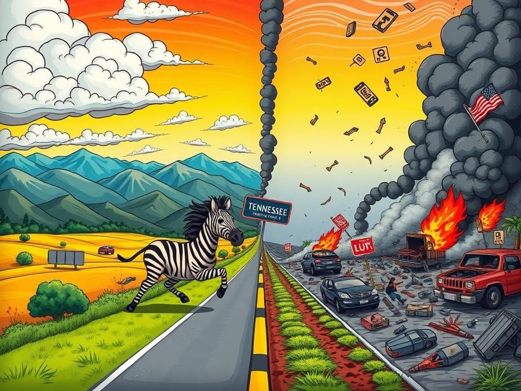 Flick International A whimsical cartoon depiction of a zebra escaping on a Tennessee highway