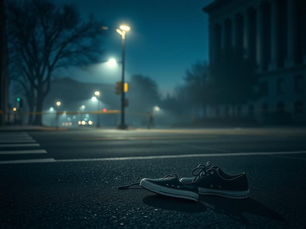 Flick International An empty urban street in Washington, D.C. at dusk, with abandoned sneakers on the asphalt and a police cordon visible