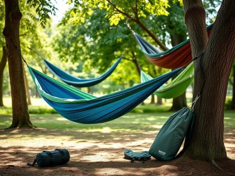 Flick International A serene scene showcasing various portable hammocks suspended between trees in a tranquil natural setting.