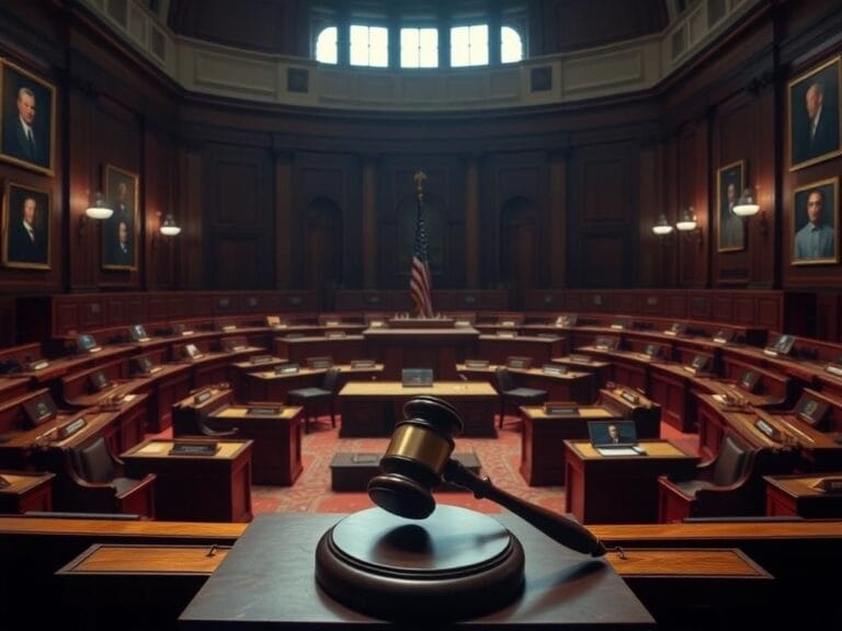 Flick International Dramatic scene inside the U.S. Senate chamber with imposing desks and a large gavel